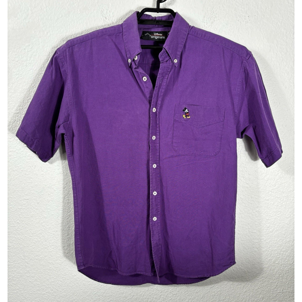 Disney Purple Short Sleeve Button-Down Shirt with Embroidered Mickey